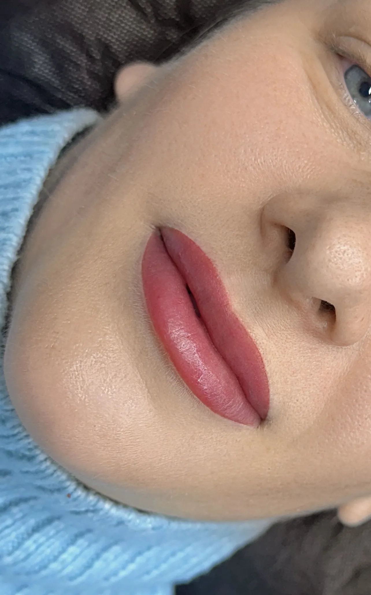 Rosy-pink permanent lip blush with clean edges and a soft matte finish after PMU at My Beauty Space Mississauga.